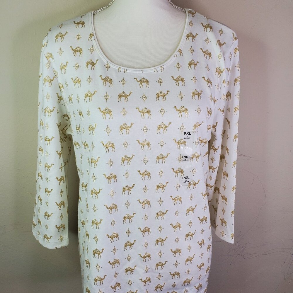 Karen Scott womens White Gold Camel Print Top PXL
